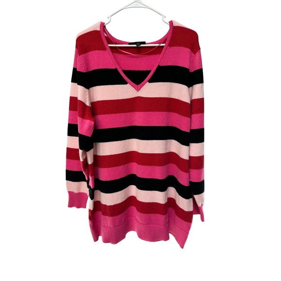 Lane Bryant Striped Knit Sweater Tunic V Neck Long Sleeve Red Pink Black Plus - Picture 1 of 3